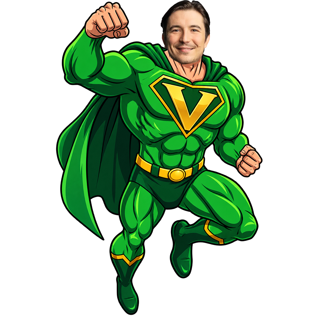 Super Vlad flying with his fist raised